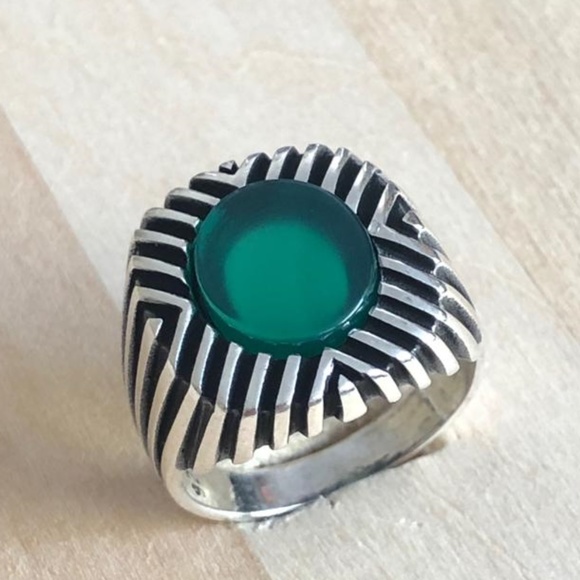 925 Sterling Silver Green Agate Men ring - Picture 1 of 4